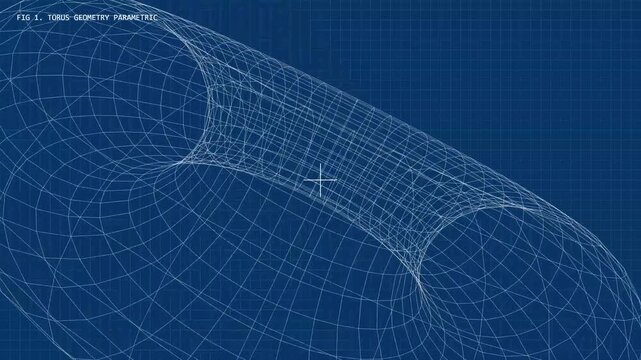 3D wireframe torus rotating on blue blueprint grid background