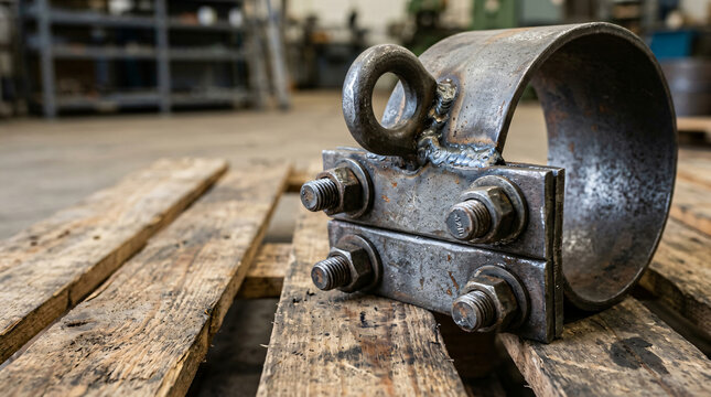 Heavy-duty industrial steel pipe clamp with an attached lifting eyelet and threaded bolts, resting on a weathered wooden pallet inside a manufacturing workshop, with a shallow depth of field.