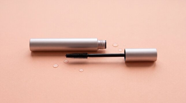 Minimalist Tubing Mascara Wand and Tube on Pastel Peach Background for Beauty E-commerce