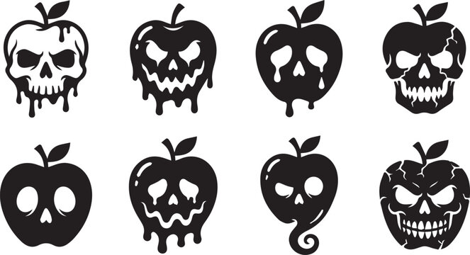 Halloween poison apple vector icon set, spooky skull fruit symbol   
