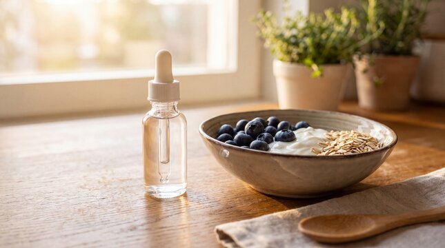 Minimalist Skincare Serum Bottle with Superfood Ingredients on Kitchen Counter for Beauty Brand Banner