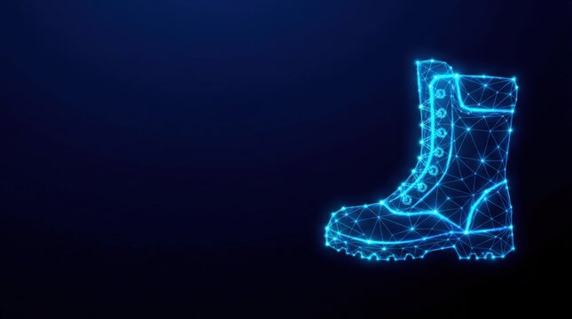 Futuristic glowing blue wireframe boot in digital plexus hologram style, representing cutting-edge cyber technology and innovation on a dark gradient background.