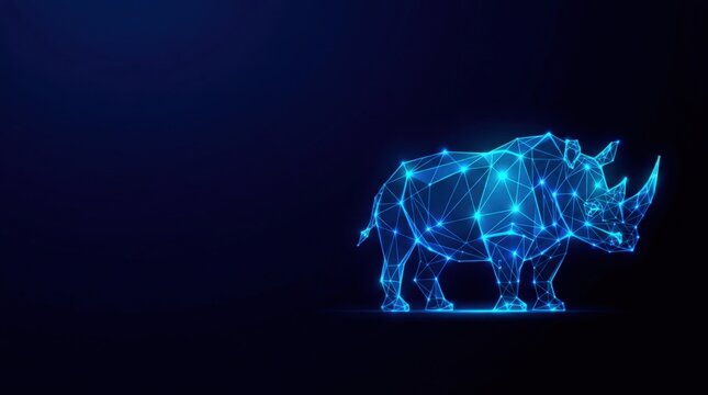 Futuristic glowing blue wireframe rhinoceros in digital plexus hologram style, representing artificial intelligence and cyber innovation on dark gradient background
