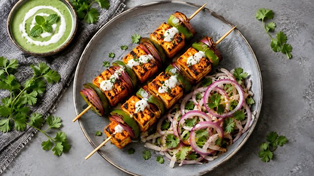 South asian skewered appetizers with yogurt dip on rustic table for