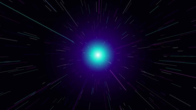 Cinematic hyperspace jump animation with glowing blue light