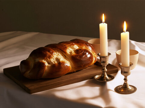Challah bread and two candles on a Shabbat table