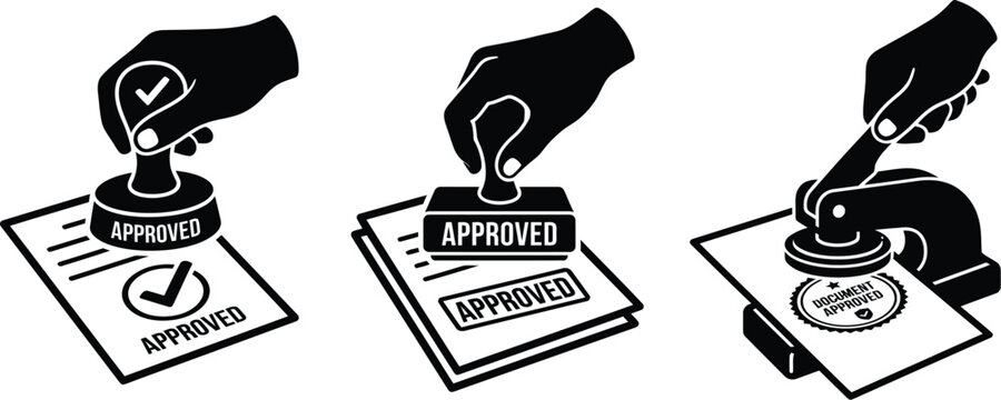 Stamp icon set with hand approving documents and papers with approved text black and white vector illustration