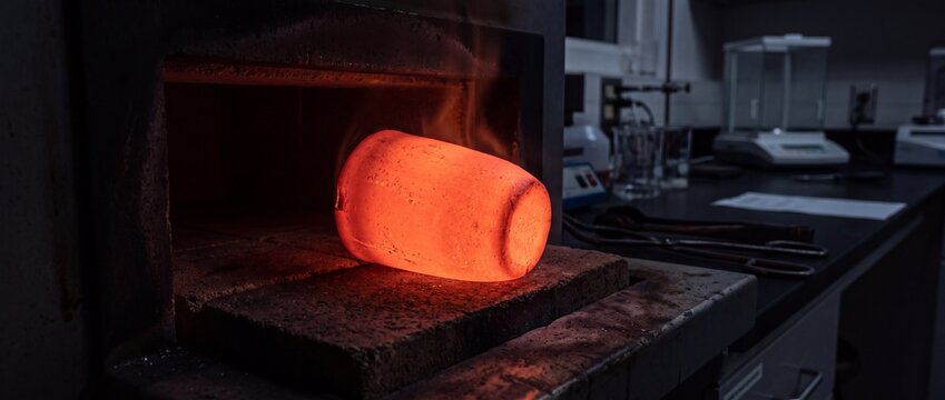 Incandescent glowing crucible sits on refractory brick inside dark laboratory furnace during high temperature metallurgical heat testing