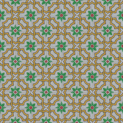 Intricate vintage geometric tile pattern featuring repeated floral motifs in green and brown on a grey background floral motif seamless background decorative surface ornamental design heritage © Fazle Rabbi