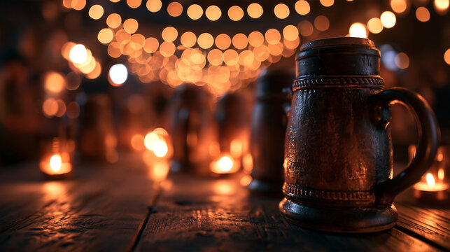 Ceramic Beer Stein on Rustic Wooden Table in Cozy Tavern
