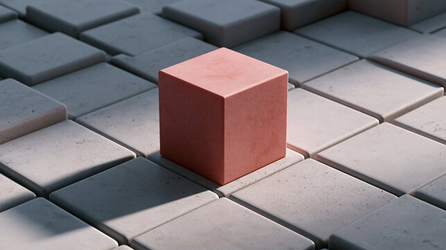 Unique Red Cube Standing Out Among Gray Blocks