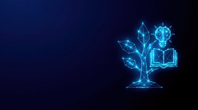 Futuristic glowing blue wireframe knowledge tree with brain and book in digital plexus hologram style, representing AI learning and advanced cyber technology on dark gradient background