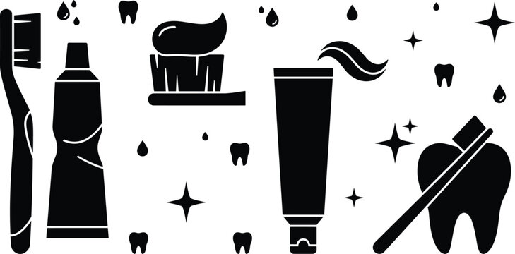 Dental care toothbrush and toothpaste silhouette set vector icon collection with shiny clean tooth and spark elements