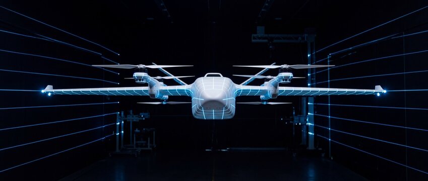 Unmanned aerial vehicle drone with white fuselage and glowing blue grid lines hovers in dark testing facility for aerodynamic analysis