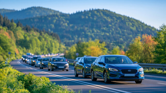 Modern highway completely congested with an endless stream of commuter cars during peak rush hour, vehicles moving slowly through multiple lanes, lush green countryside on both sides, dense forest c