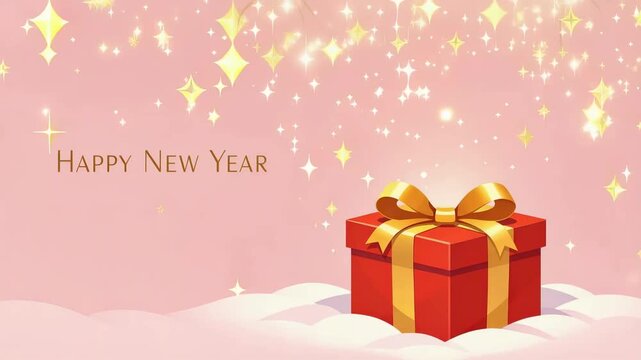 Red gift box with golden ribbon and bow on soft pink clouds, sparkling stars and "happy new year" text festive magical present celebration scene