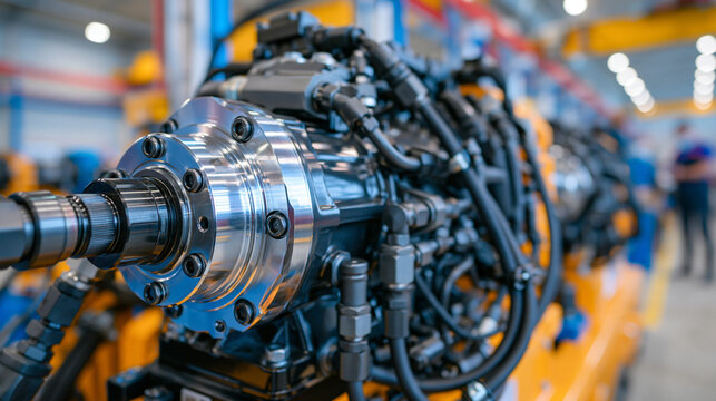 Professional engineering close-up of a variable displacement piston pump mounted on industrial hydraulic equipment, precision machined aluminum housing catching bright reflected light, intricate hyd