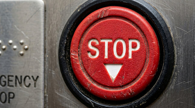 Close up shot of a round red emergency stop button with white stop text and downward arrow symbol on a scratched metallic elevator panel, showing signs of wear and heavy public usage in a building.
