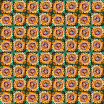 Seamless repeating pattern of colorful sunflower square crochet motifs with sunflower motif seamless texture knitted design yarn craft granny square floral background handicraft textile