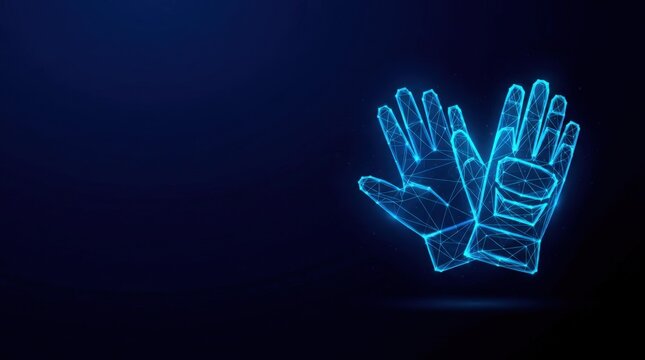 Futuristic glowing blue wireframe hands in digital plexus hologram style, representing advanced technology and cyber innovation on dark gradient background.