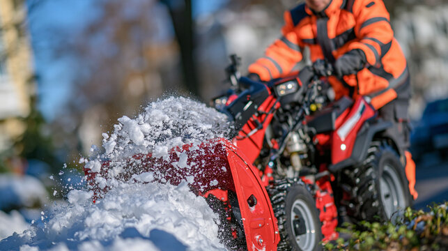 Side-view of a municipal snow removal worker operating a powerful snow blower on a narrow sidewalk, orange high-visibility jacket with reflective stripes prominently visible, energetic snow plume ri