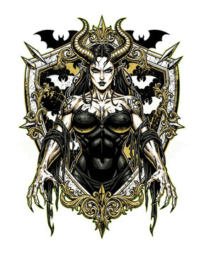 Powerful Gothic Demoness with Horns in Ornate Shield Emblem