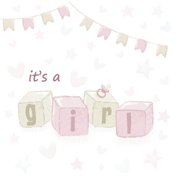 It's a Girl. Watercolor Baby Shower Announcement Banner. Gender reveal party. Vector illustration.	