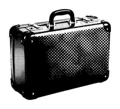 Business briefcase with handle and metal locks in monochrome halftone engraving style