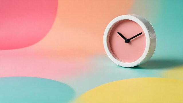 Minimalist pink table clock on colorful pastel circular background.