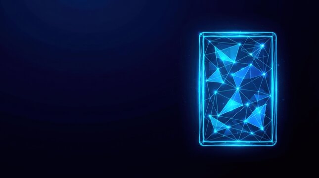 Futuristic glowing blue wireframe digital interface in digital plexus hologram style, representing artificial intelligence and futuristic cyber technology on dark gradient background