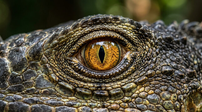 Close-up of a Wild Alligator Eye - Yellow Iris, Reptile Skin Texture