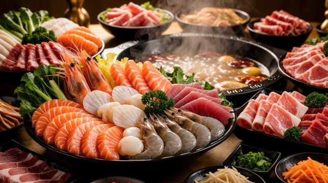 Delicious seafood hot pot feast with fresh salmon, tuna, shrimp, scallops in steaming broth. Various raw meat slices, vegetables, seafood platters served on dining table. People enjoy authentic Asian