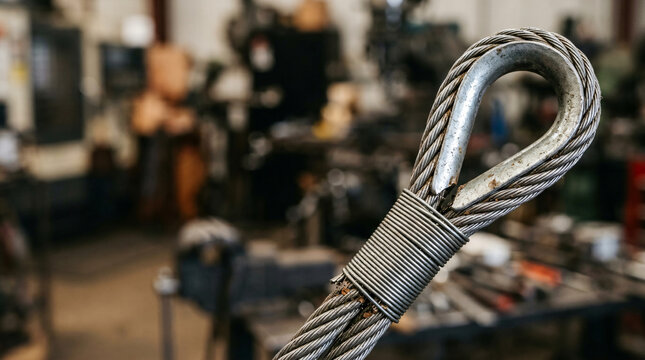 Close up shot of a heavy duty steel wire rope eye splice with a thimble insert in an industrial workshop setting, featuring metallic silver strands and blurred mechanical equipment background.