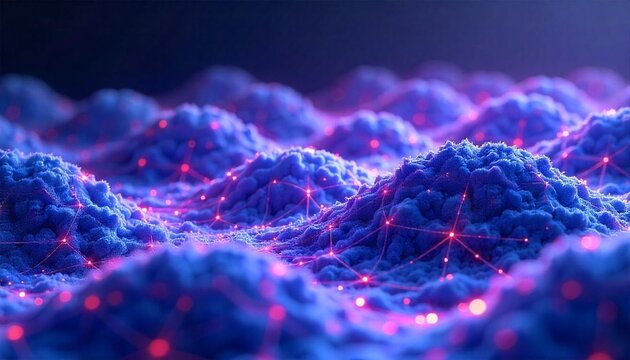 Digital network landscape with blue hills and pink connections