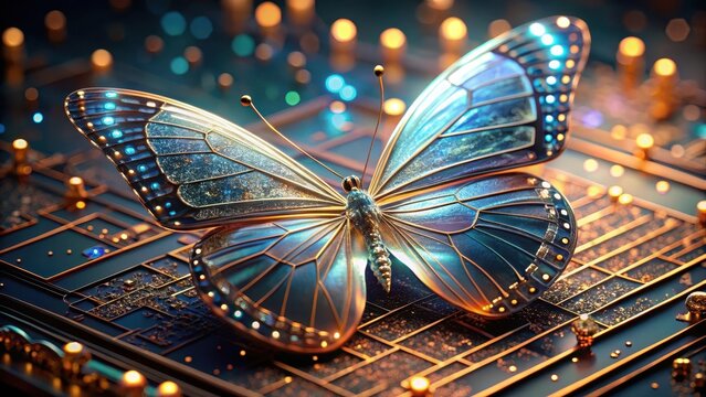 A shimmering robotic butterfly emerges from a glowing microchip its iridescent wings unfolding like crystallized light