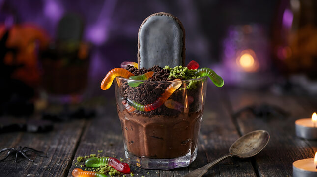 Halloween graveyard dessert cup with chocolate pudding, cookie crumb dirt, gummy worms and a blank biscuit tombstone