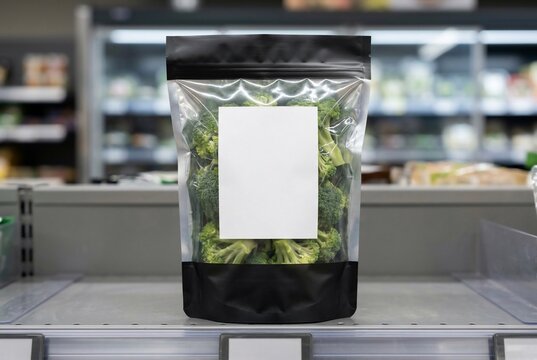 Fresh broccoli in plastic stand up pouch with blank white label on supermarket shelf for product mockup and retail display