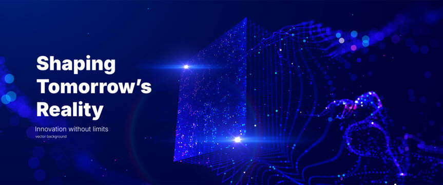 Glowing data particles dynamically assemble a 3d cube abstract digital vector background. Perfect for AI concepts, big data visualization, technology presentations for websites and corporate media