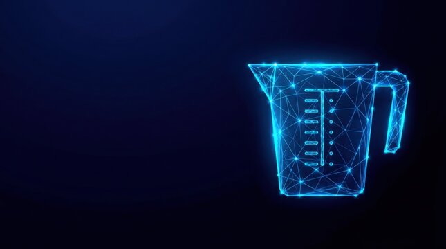 Futuristic glowing blue wireframe measuring cup in digital plexus hologram style, representing data analytics and cyber technology on dark gradient background