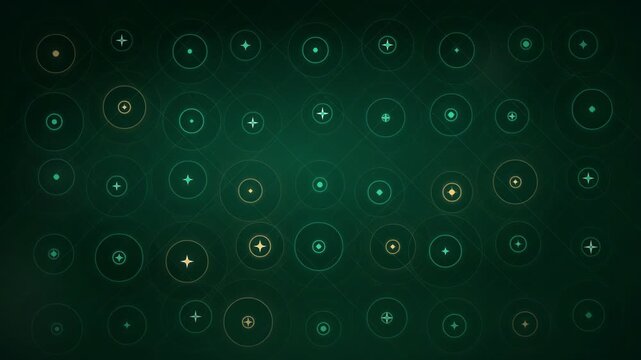 Abstract digital background with glowing green circles and sparkling stars in a futuristic network pattern