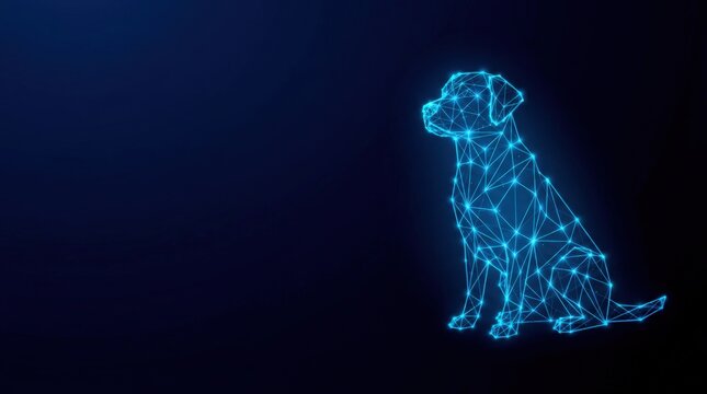 Futuristic glowing blue wireframe dog in digital plexus hologram style, representing artificial intelligence and cyber technology on dark gradient background.
