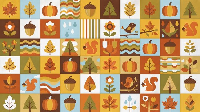 Colorful autumn pattern featuring flat vector icons of pumpkins leaves squirrels and trees