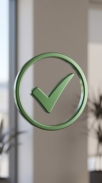 Green metallic check mark icon in a circle floating in the air on a blurred office background. Vertical 3D render.