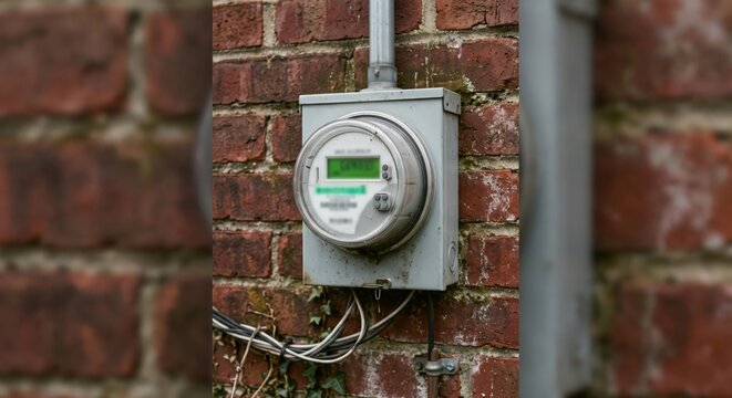 Digital electricity meter mounted on brick wall showing energy consumption with modern smart technology