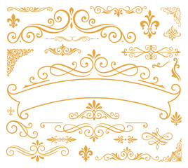 Gold filigree flourish collection with ornate dividers and decorative fleur de lis vector © Djstore