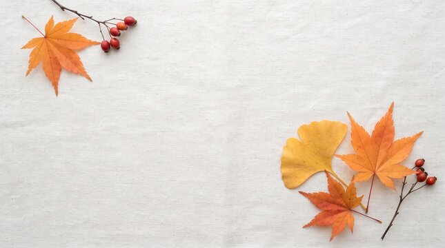 Vibrant autumn leaves and red berries arranged artistically on a textured white fabric background