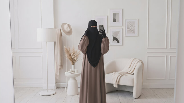 Muslim woman in niqab and abaya taking a mirror selfie in a bright