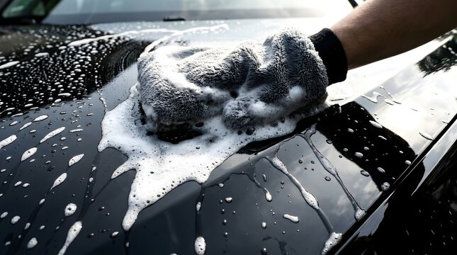 A close-up view of a hand cleaning a glossy black car surface with