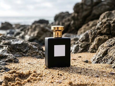 A black perfume bottle with golden cap resting on sandy beach rocks near the ocean