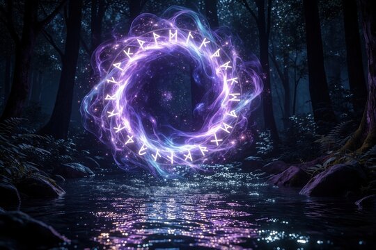 Mystical magic portal glows in dark night forest. Circular energy ring with white runes floats above river water. Glowing purple, blue light creates dimensional gateway for fantasy adventure. Surreal
